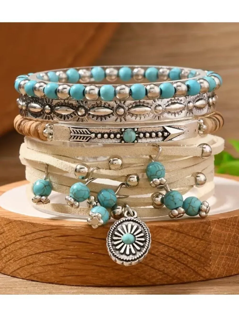 NWT Western Boho Faux Turquoise Stacked Bracelet Set PU Leather Charm Cuff